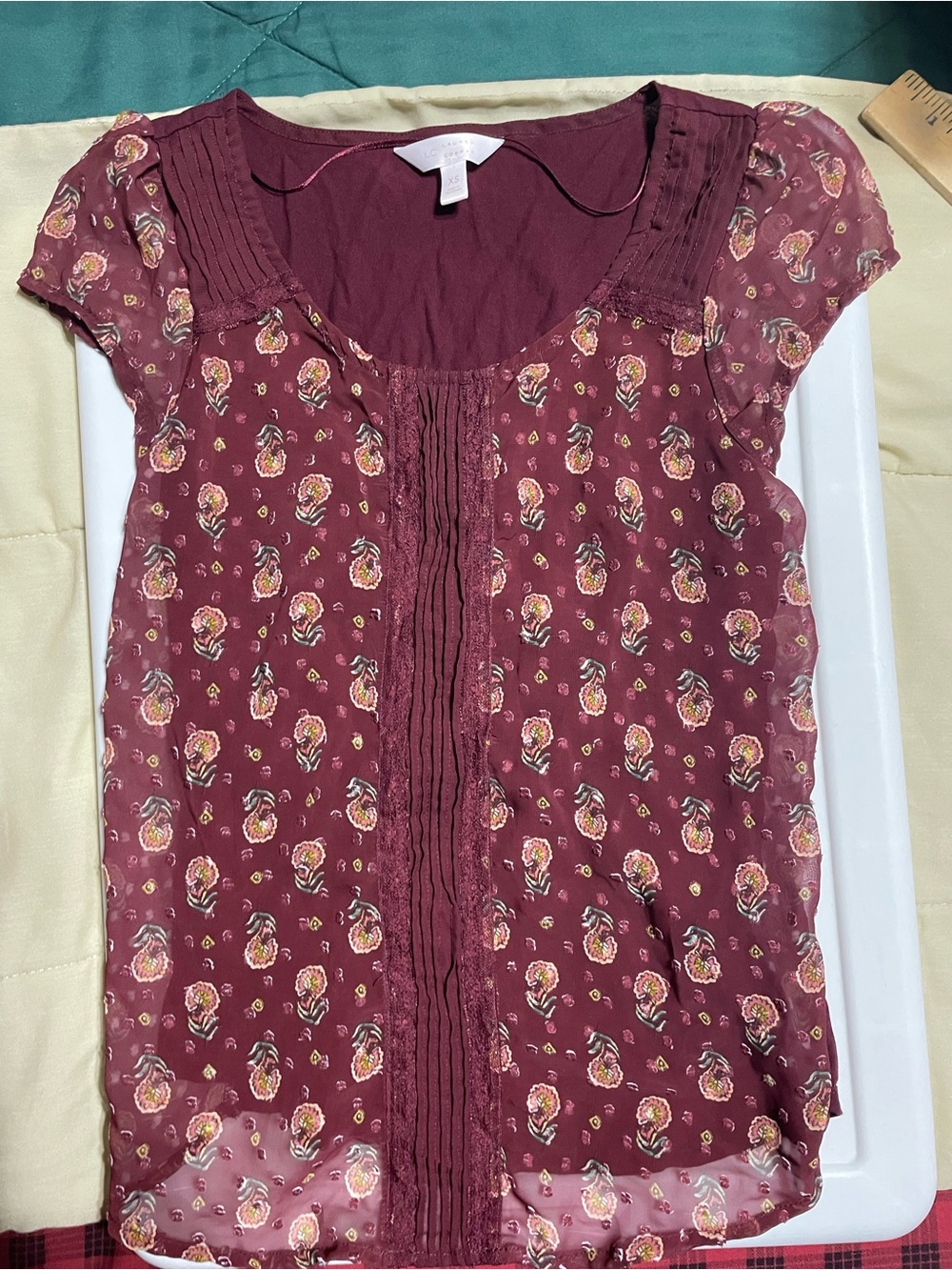 LC Lauren Conrad Burgundy Floral Pintuck Scoop-Neck Blouse